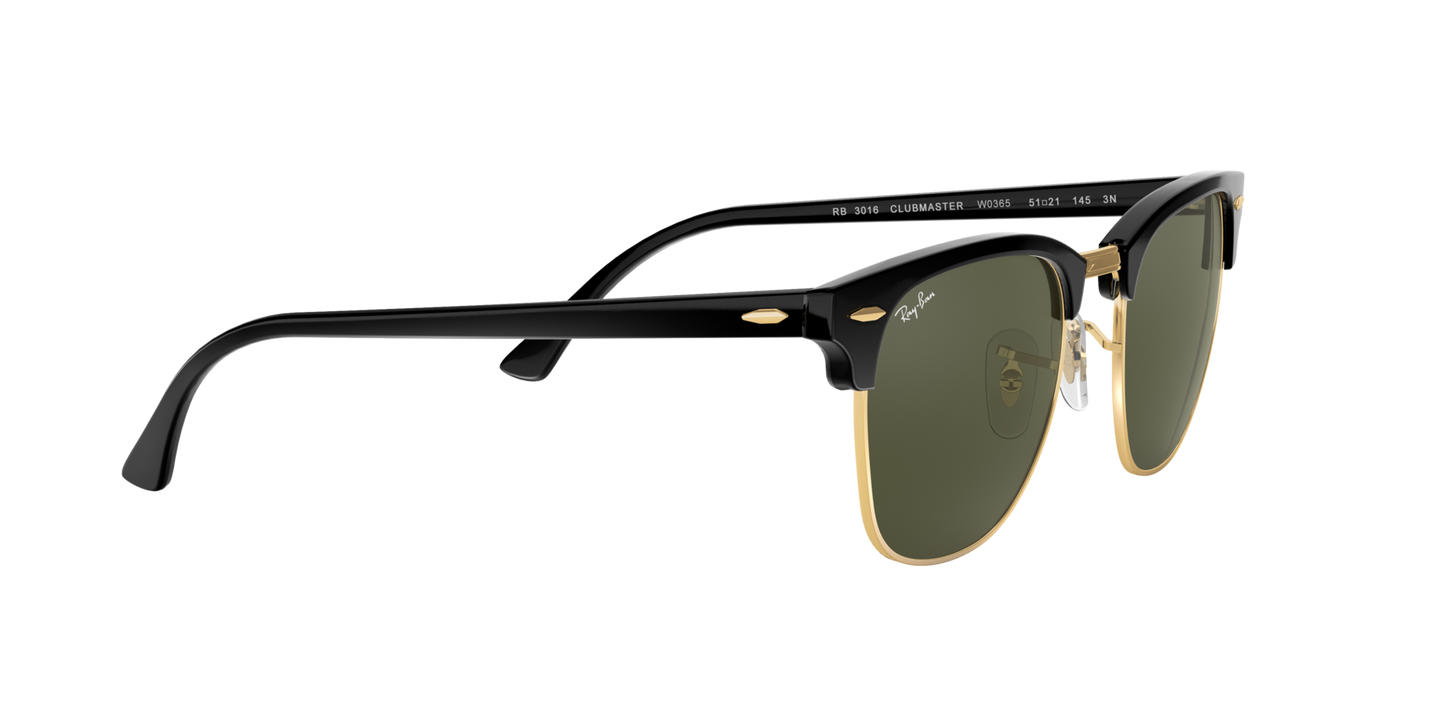 Ray-Ban Clubmaster Classic RB3016 W0365 – Black & Gold Frame, Green G-15 Lens, 51mm
