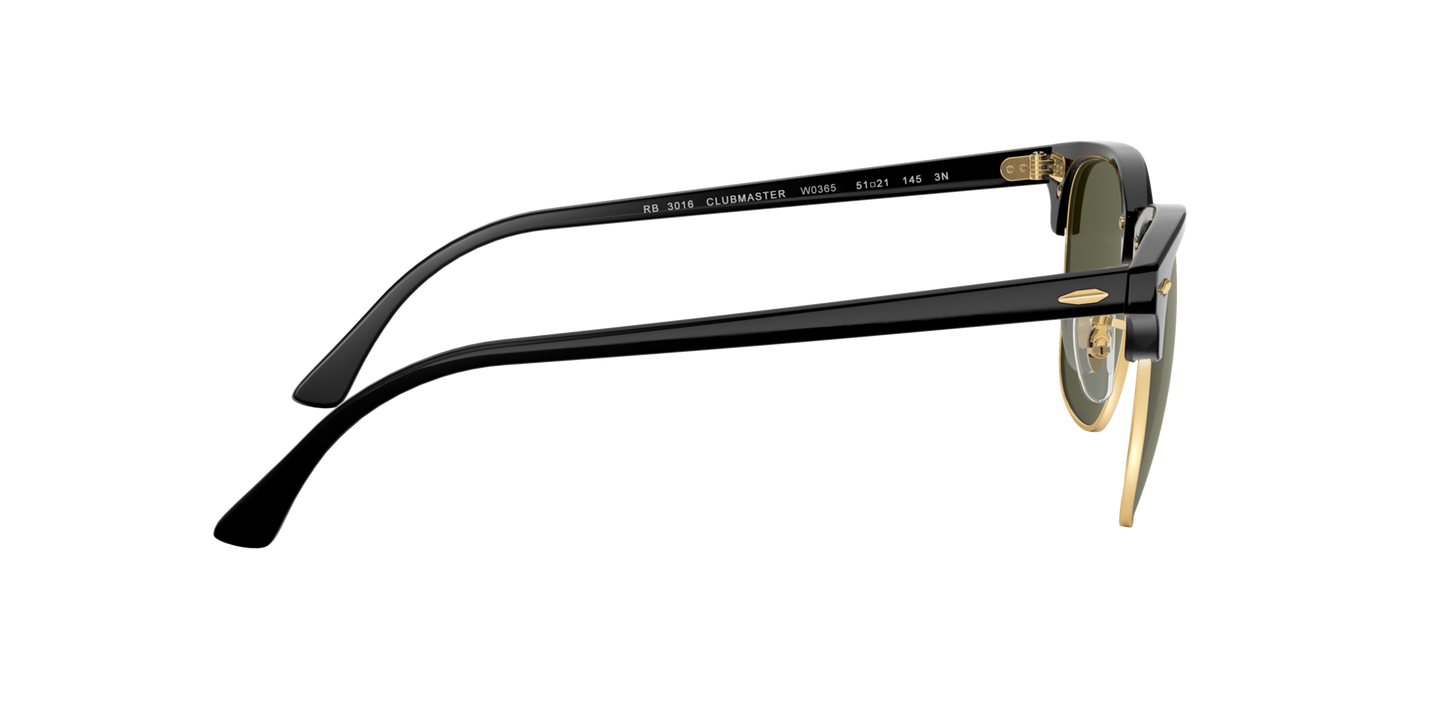 Ray-Ban Clubmaster Classic RB3016 W0365 – Black & Gold Frame, Green G-15 Lens, 51mm