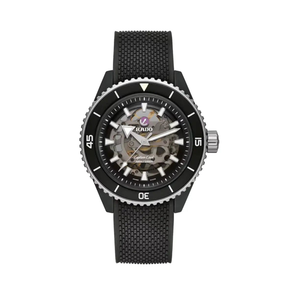 Black watch with a detailed face on a white background