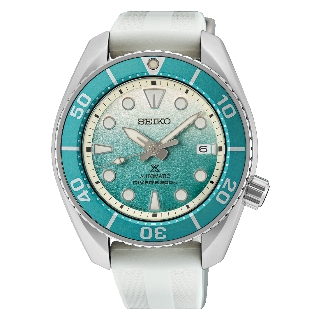 Seiko watch with turquoise dial and white strap on a white background