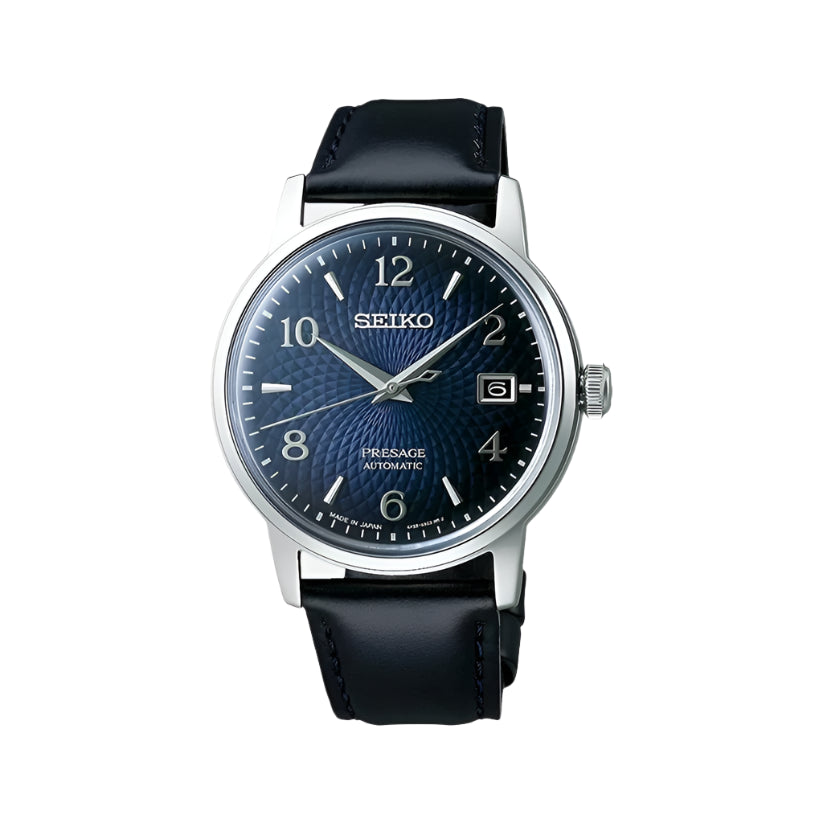 A Seiko Presage Cocktail Time men's watch with a blue dial and a black leather band.