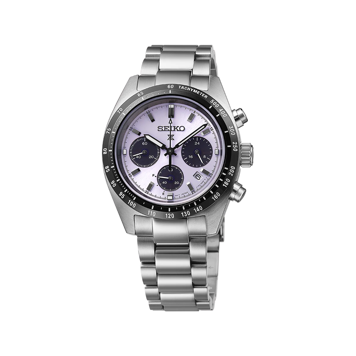 Silver Seiko watch with a white face on a white background