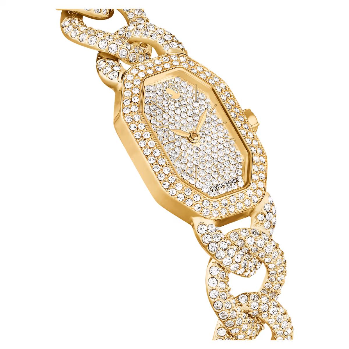Gold wristwatch with diamond-studded strap on a white background