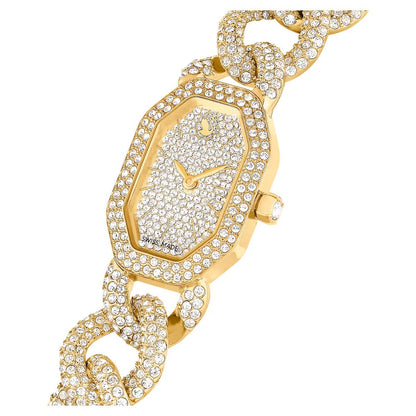 Gold wristwatch with diamond-studded face and band on a white background