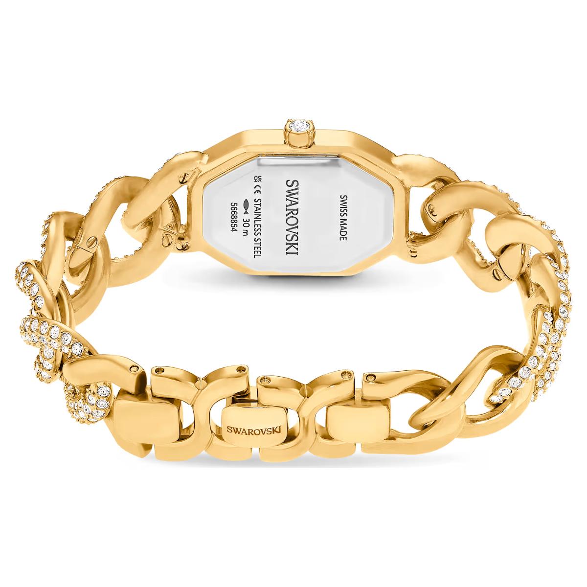 Gold chain-link watch with Swarovski branding on a white background