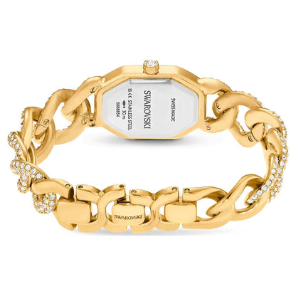 Gold chain-link watch with Swarovski branding on a white background