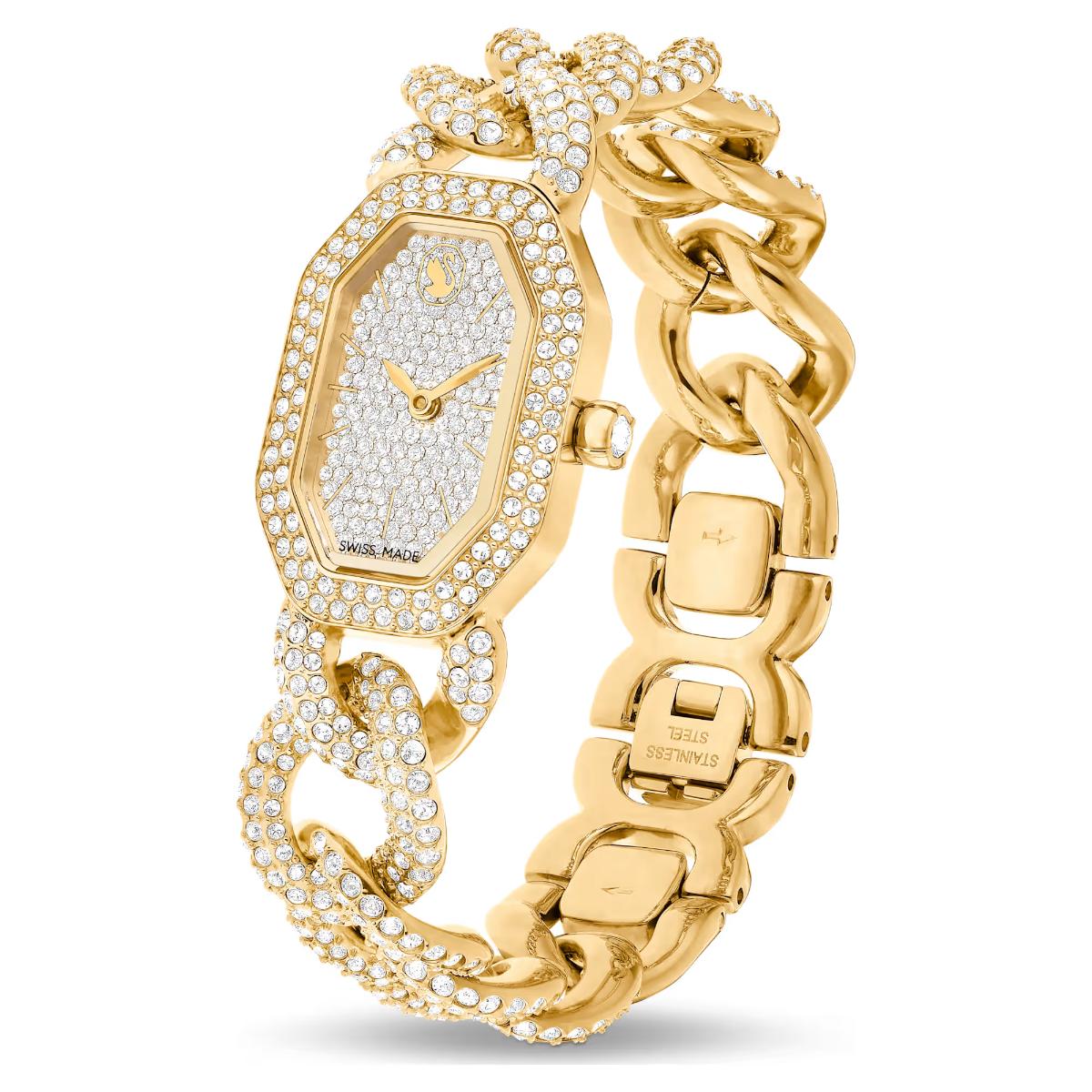 Gold wristwatch with chain design on a white background