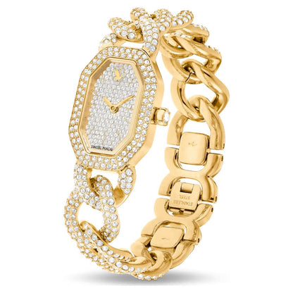 Gold wristwatch with chain design on a white background