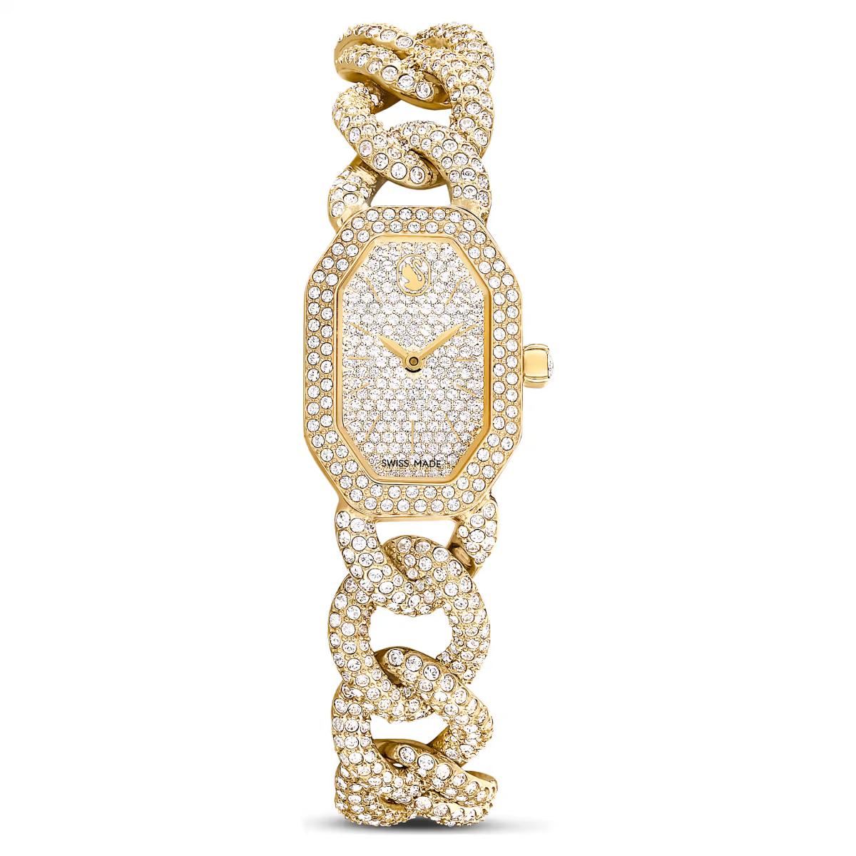 Gold wristwatch with diamond-studded bracelet on a white background