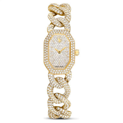 Gold wristwatch with diamond-studded bracelet on a white background