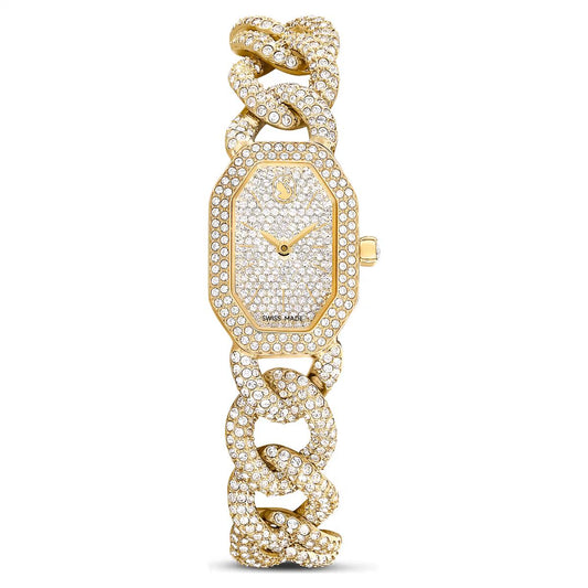 Gold wristwatch with diamond-studded bracelet on a white background