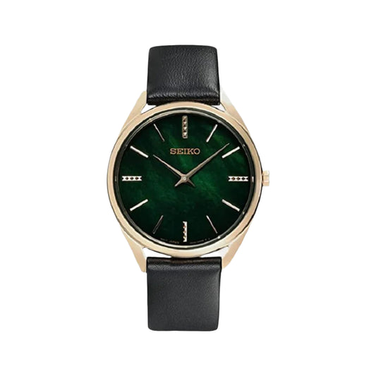 Seiko Women Quartz Green Dial Analog Leather Strep Watch SWR068P1