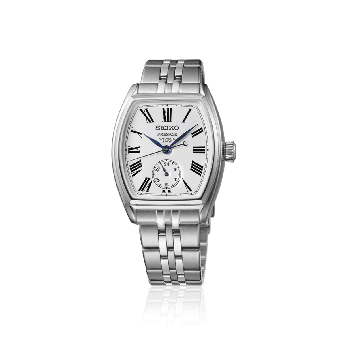 Silver Seiko watch with a white face on a white background
