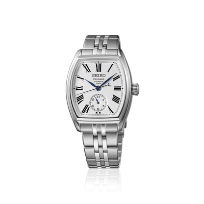 Silver Seiko watch with a white face on a white background