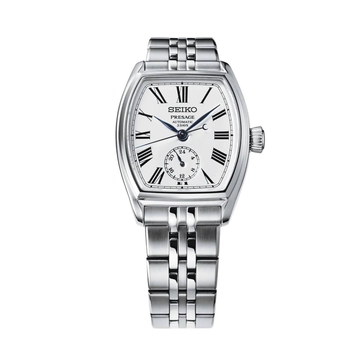 Silver Seiko watch on a gray background