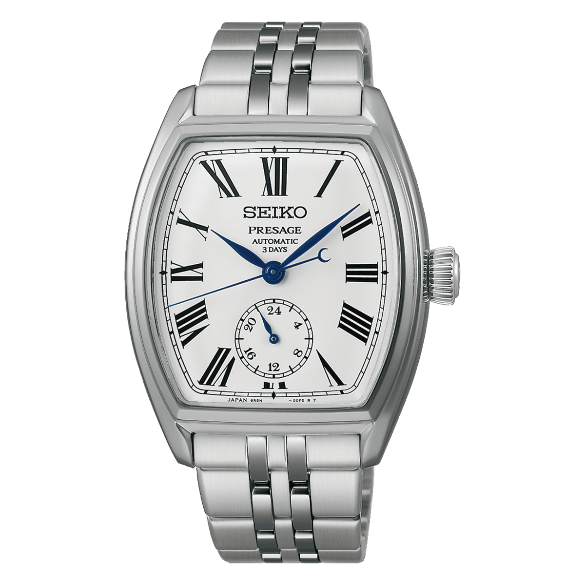 Seiko Presage watch with silver metal strap on a white background