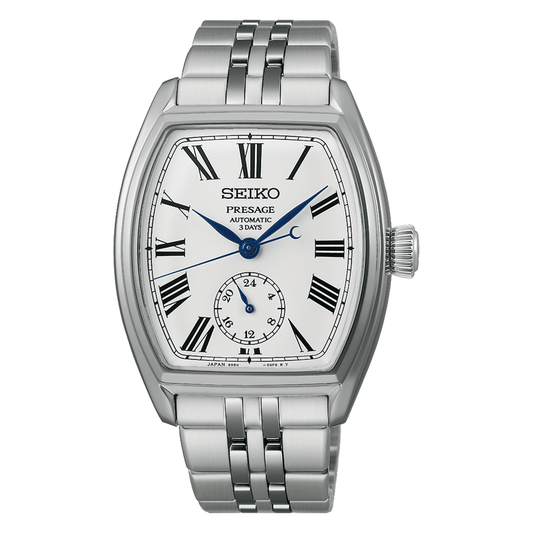 Seiko Presage watch with silver metal strap on a white background