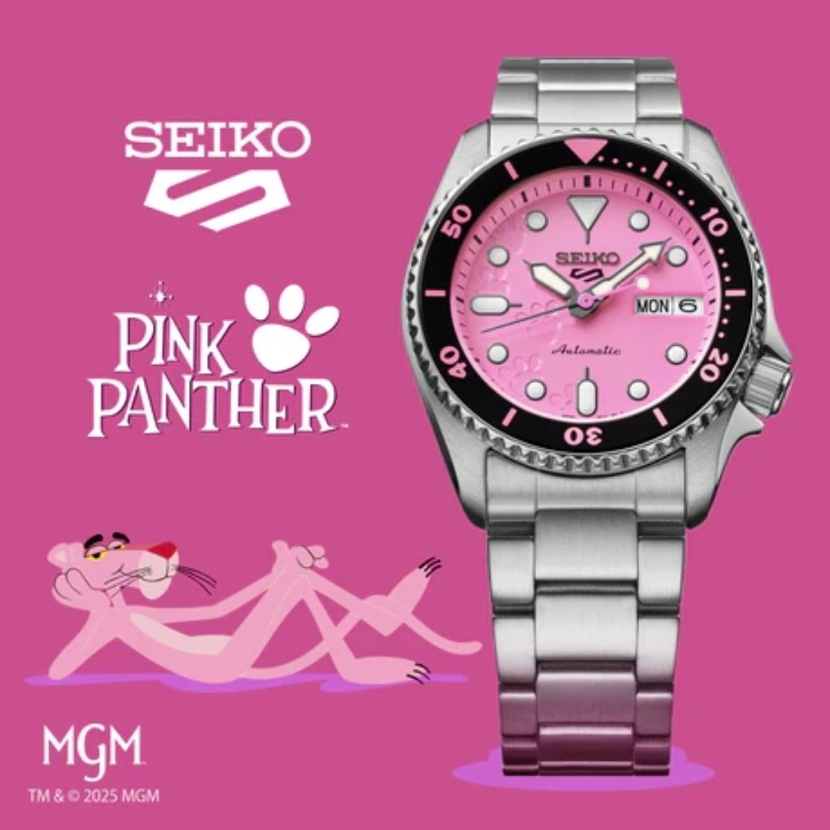 Seiko Pink Panther watch on a pink background with Seiko, Pink Panther, and MGM logos.