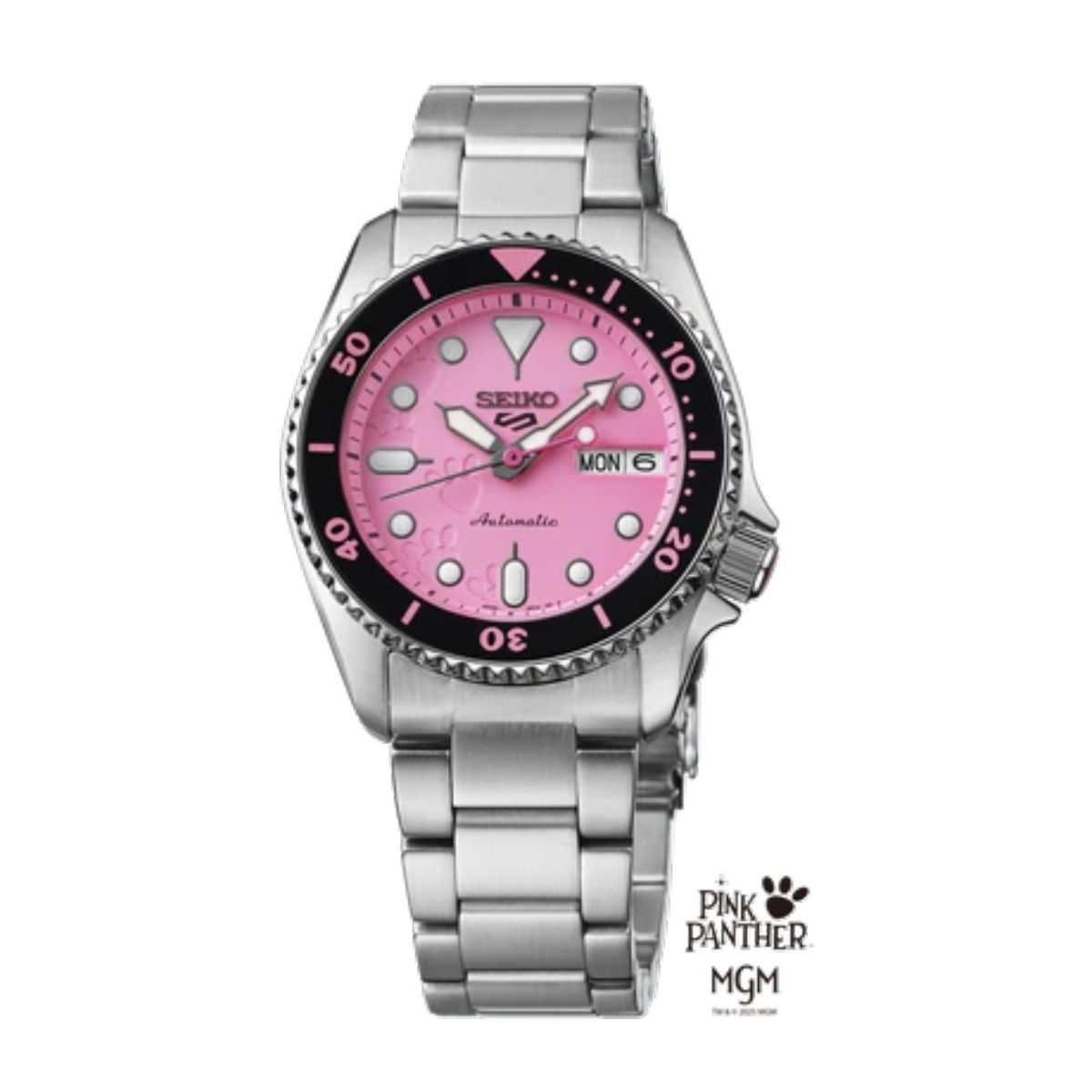 Watch with pink dial and silver metal strap on a white background, featuring The Pink Panther MGM logo.