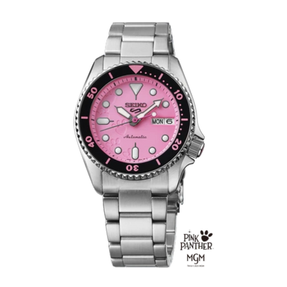 Watch with pink dial and silver metal strap on a white background, featuring The Pink Panther MGM logo.