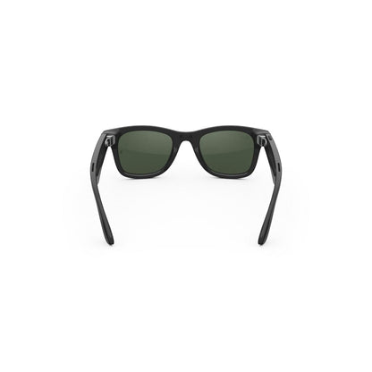 Black sunglasses with green lenses on a white background