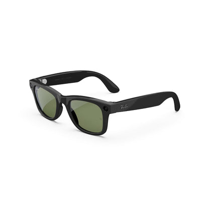 Black sunglasses with green lenses on a white background