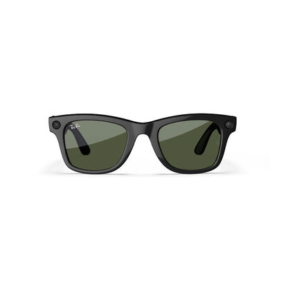 shiny Black sunglasses with green lenses on a white background