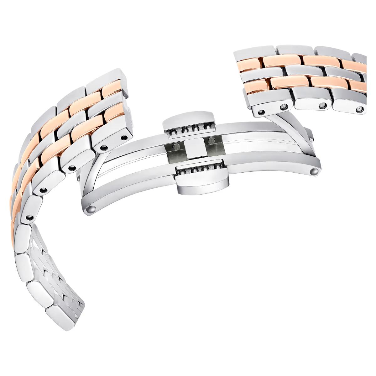 Metallic watch strap with rose gold and silver tones on a white background