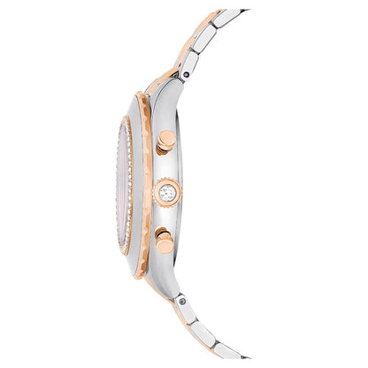 Close-up of a silver and rose gold watch with a diamond on a white background