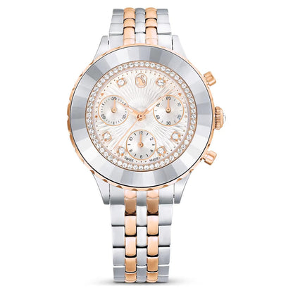 Luxury watch with silver and rose gold band on a white background