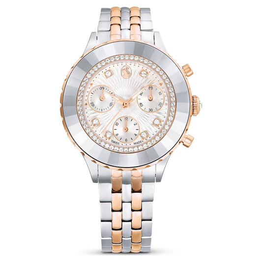 Luxury watch with silver and rose gold band on a white background