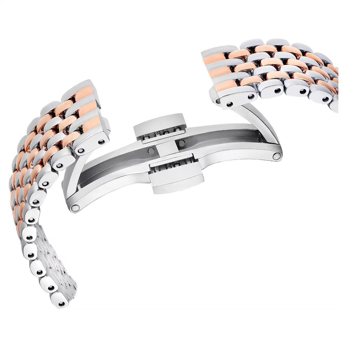 Metallic watch strap with rose gold and silver accents on a white background