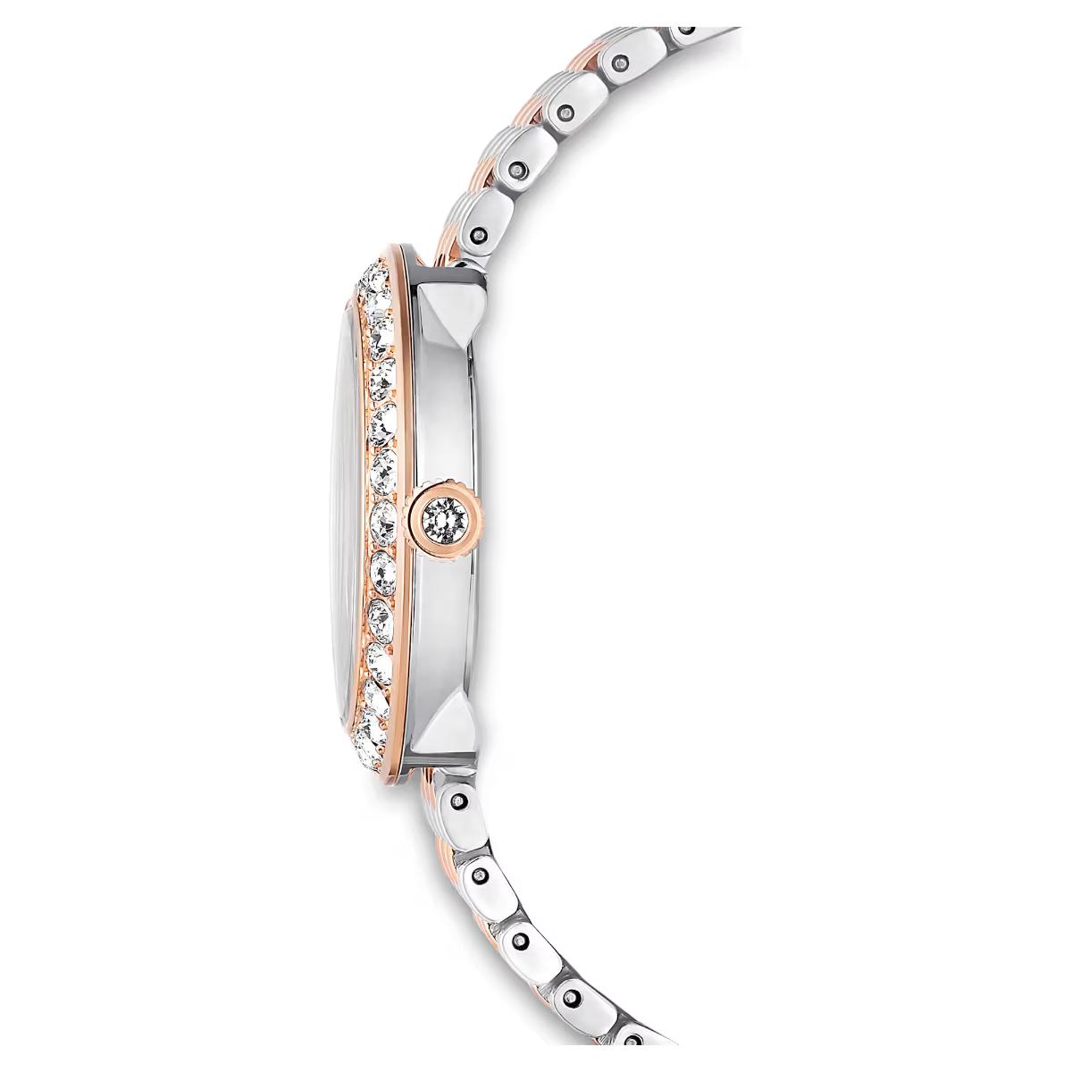 Close-up of a silver and rose gold watch with diamond accents on a white background