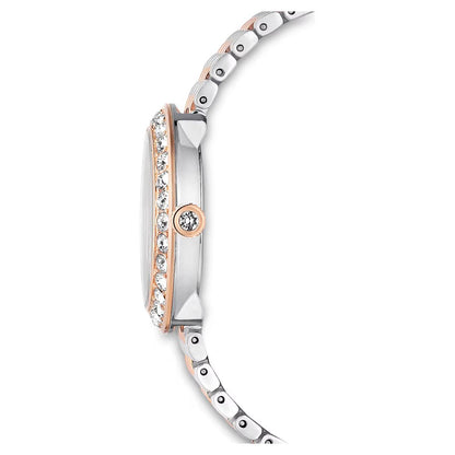 Close-up of a silver and rose gold watch with diamond accents on a white background