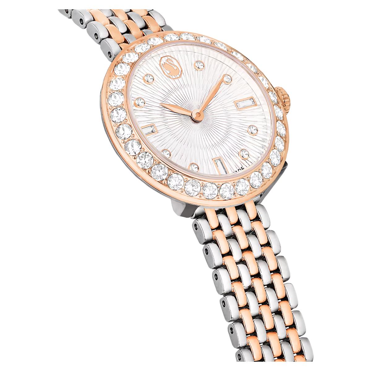 Two-tone watch with rose gold and silver bracelet on a white background