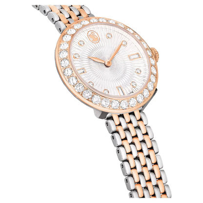 Two-tone watch with rose gold and silver bracelet on a white background