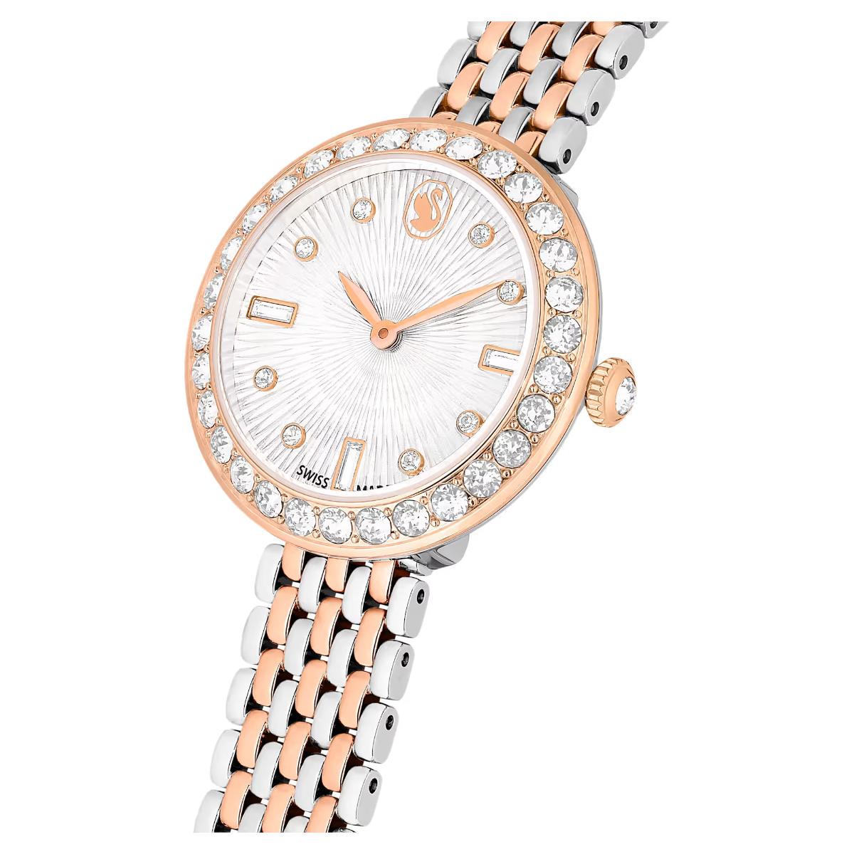 Rose gold and silver watch with crystal accents on a white background