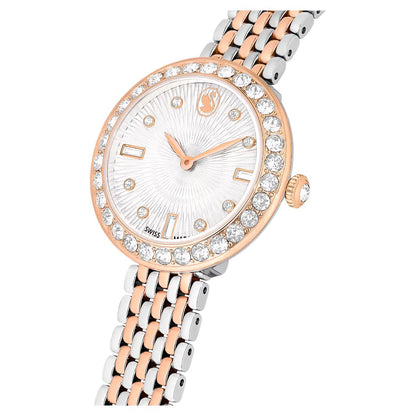 Rose gold and silver watch with crystal accents on a white background