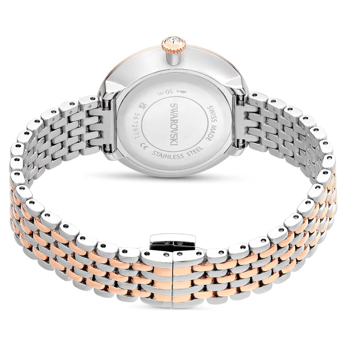 Silver and rose gold watch with a detailed band on a white background