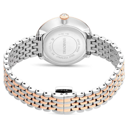 Silver and rose gold watch with a detailed band on a white background