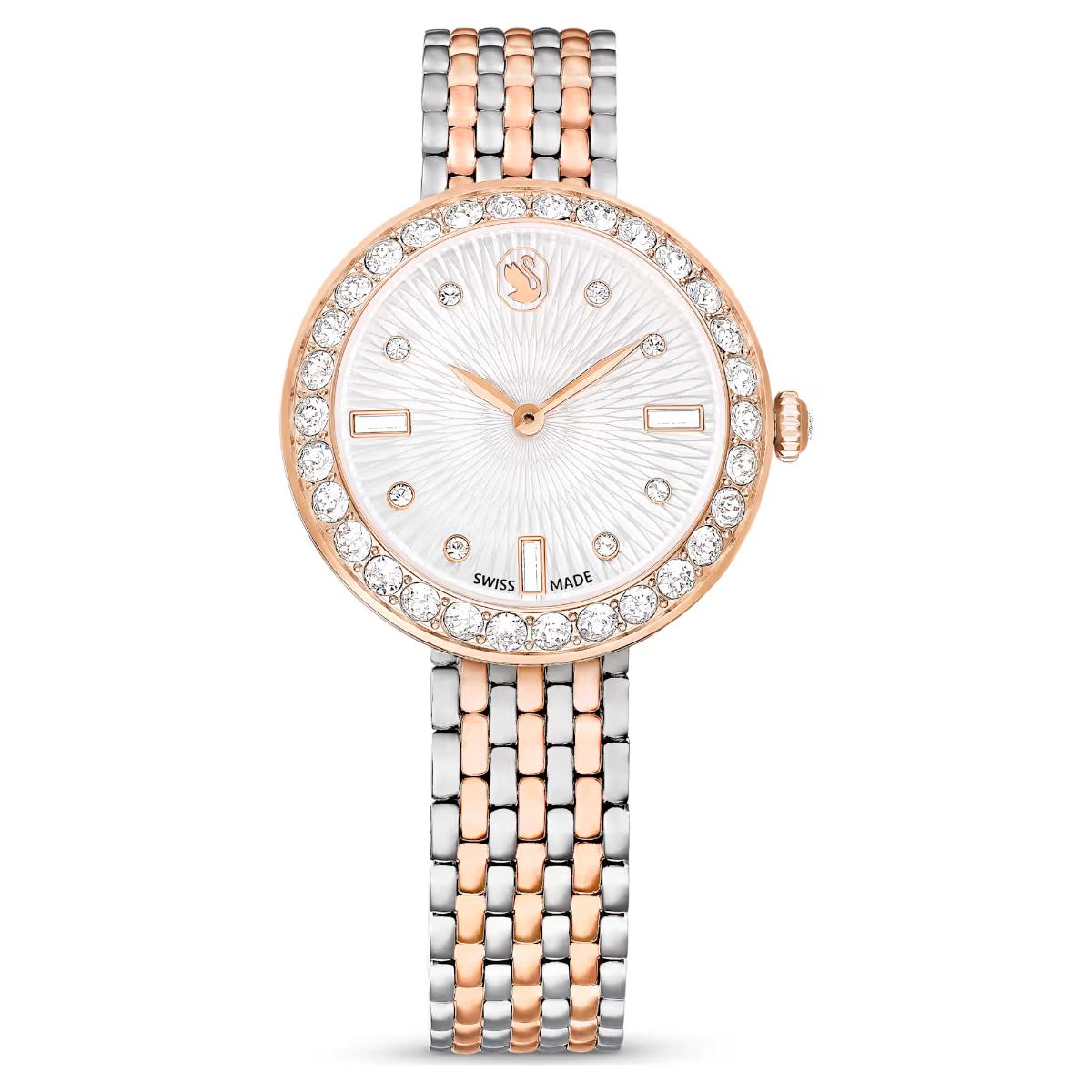Luxury watch with rose gold and silver bracelet on a white background