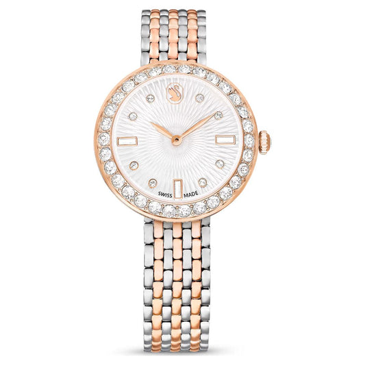 Luxury watch with rose gold and silver bracelet on a white background