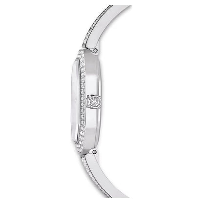 Close-up of a silver watch with a diamond on a white background
