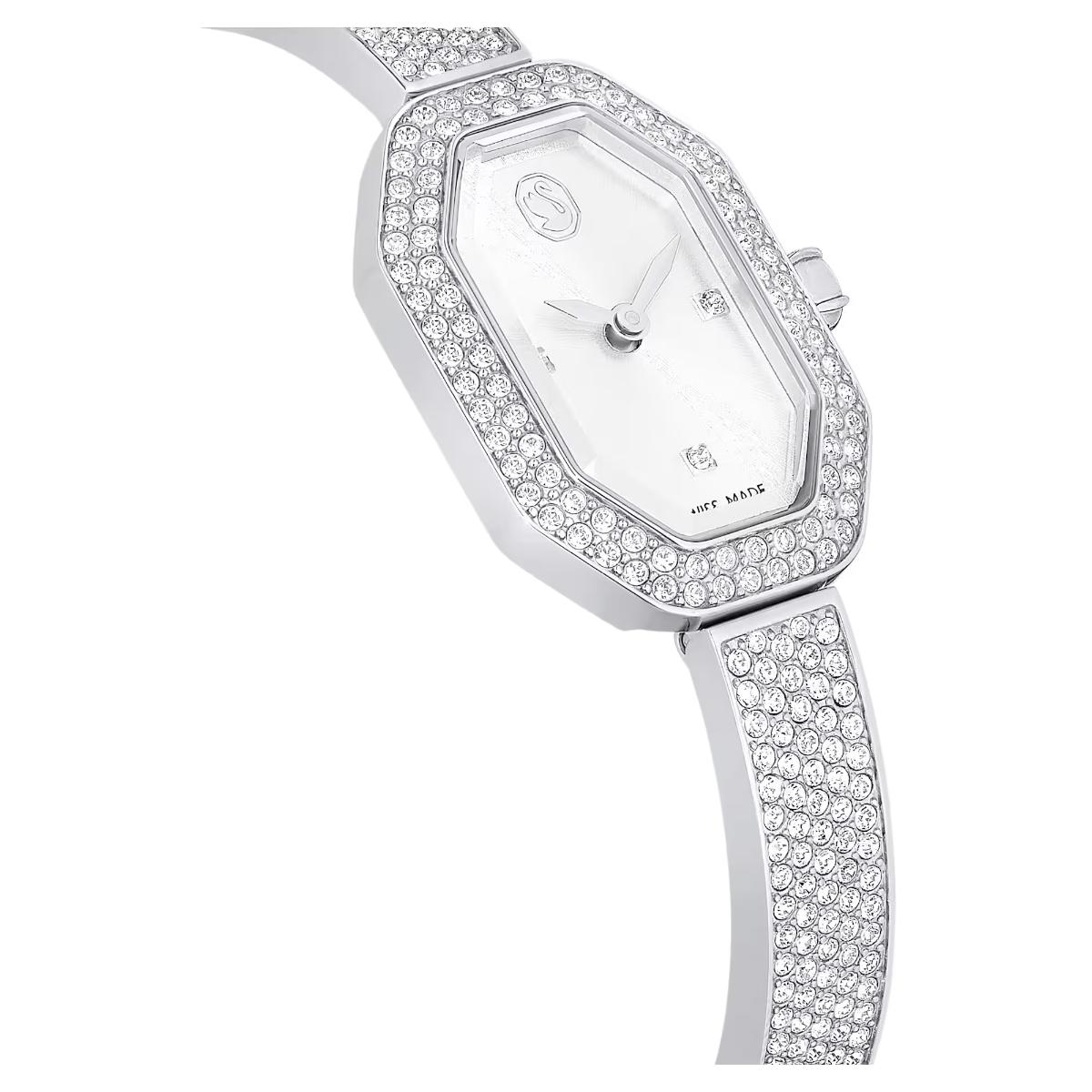 Silver watch with diamond-studded band on a white background