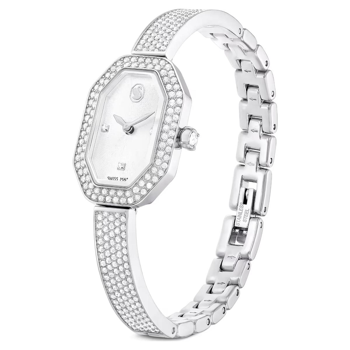 Silver watch with diamond-studded bracelet on a white background