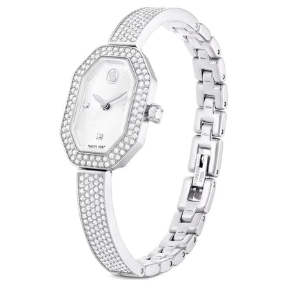 Silver watch with diamond-studded bracelet on a white background