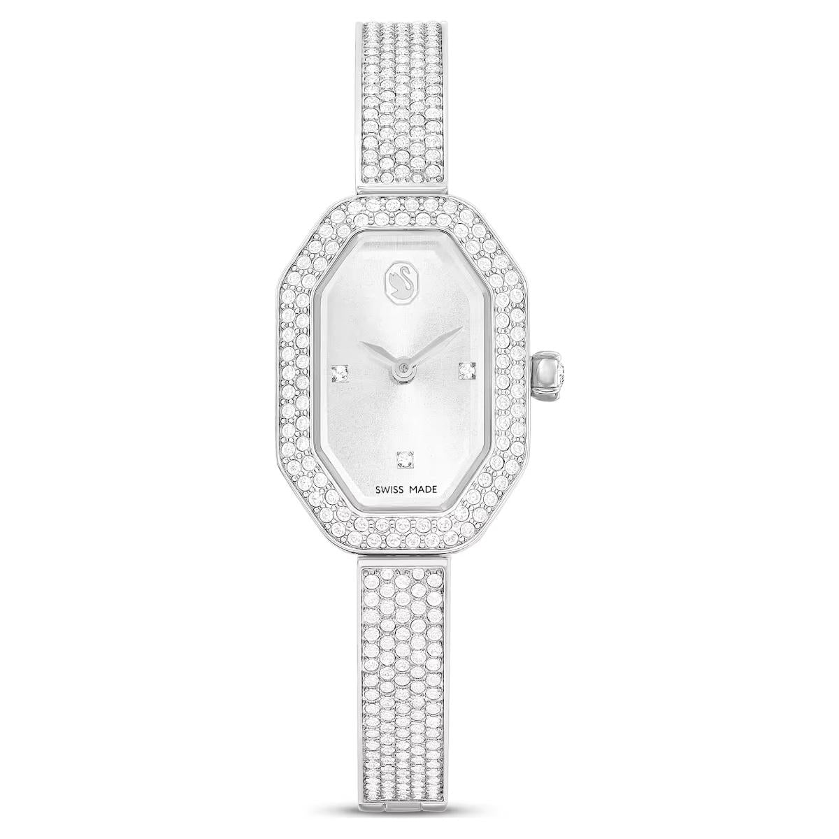 Silver watch with gemstone-encrusted band on a white background