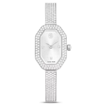 Silver watch with gemstone-encrusted band on a white background