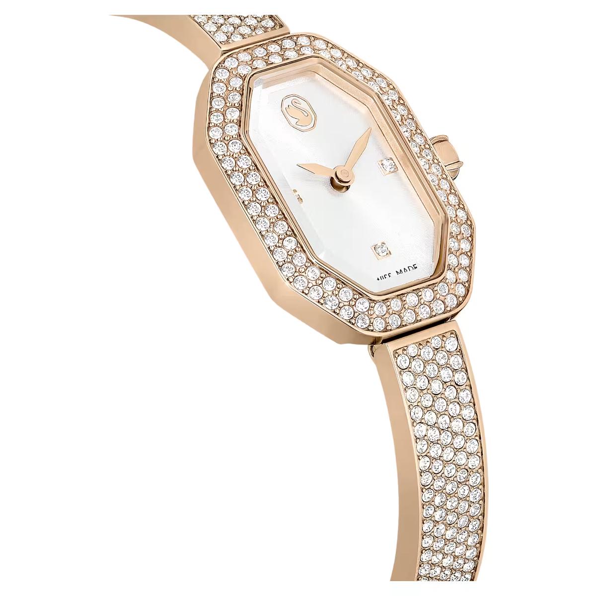 Rose gold watch with diamond-studded band on a white background