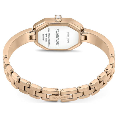Rose gold Swarovski watch on a white background